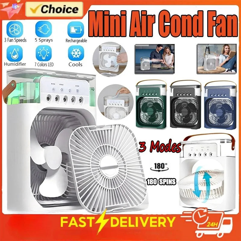 Summer Cooling Fan 3 In 1 Portable Desktop Humidifier USB Mini Air Conditioners Night Light Water Mist For Home, Office